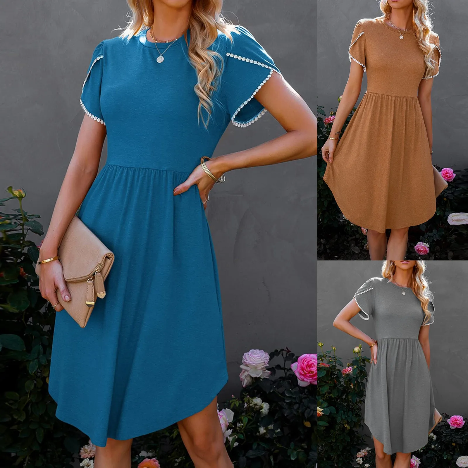 

Женская Повседневная кружевная однотонная плиссированная свободная Элегантная футболка с коротким рукавом и высокой талией, платье средн...