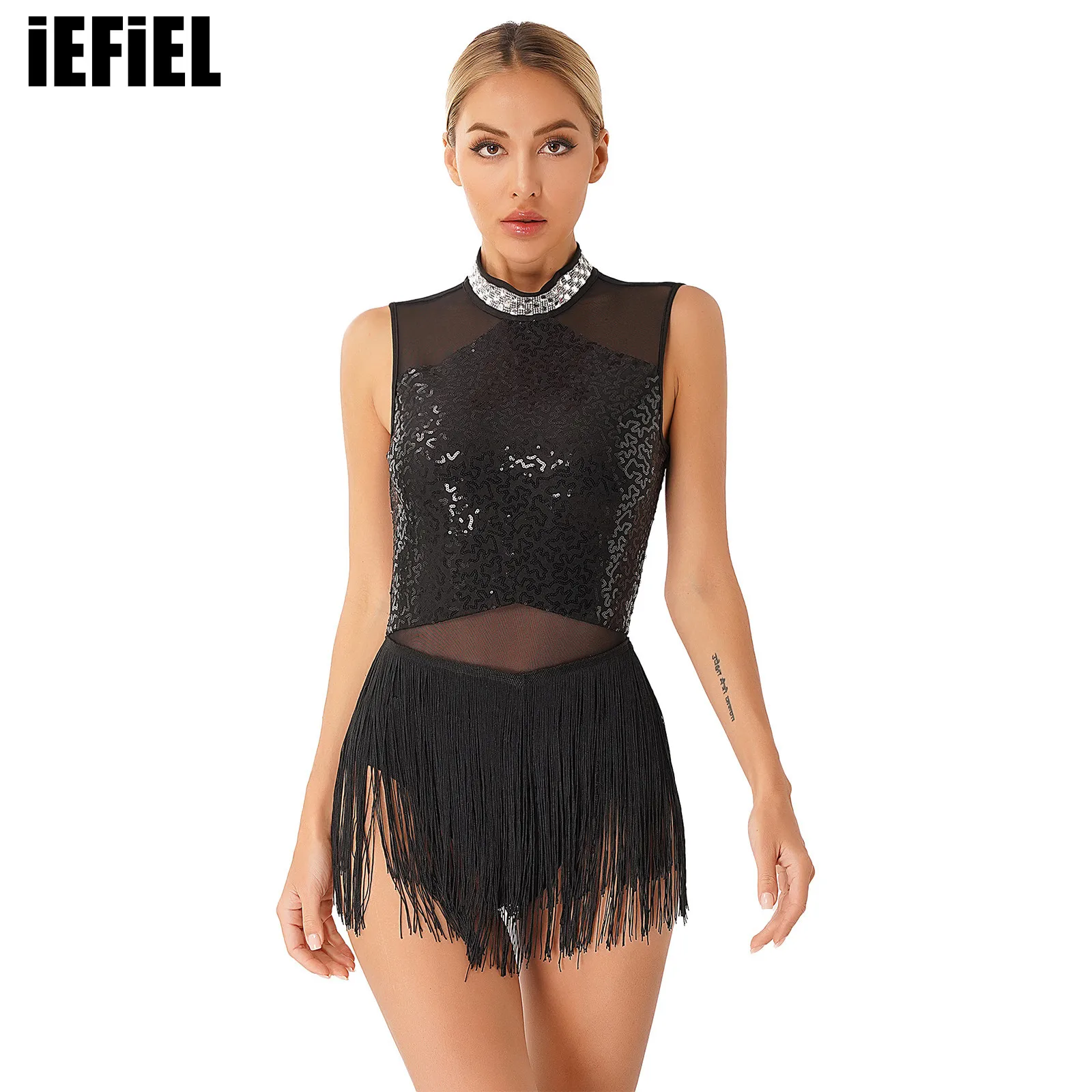 

Womens Latin Dance Dress Fringed Leotard Mesh Diamond Collar Tango Rumba Cha-Cha Samba Performance Costume