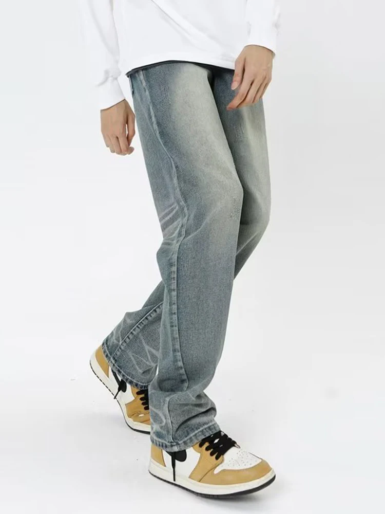 Four Seasons Men Jeans Antique Jeans Beard Effect Washed Straight Tube Denim Jeans Motorcycle Jeans Street Costume Ins Hot Sale