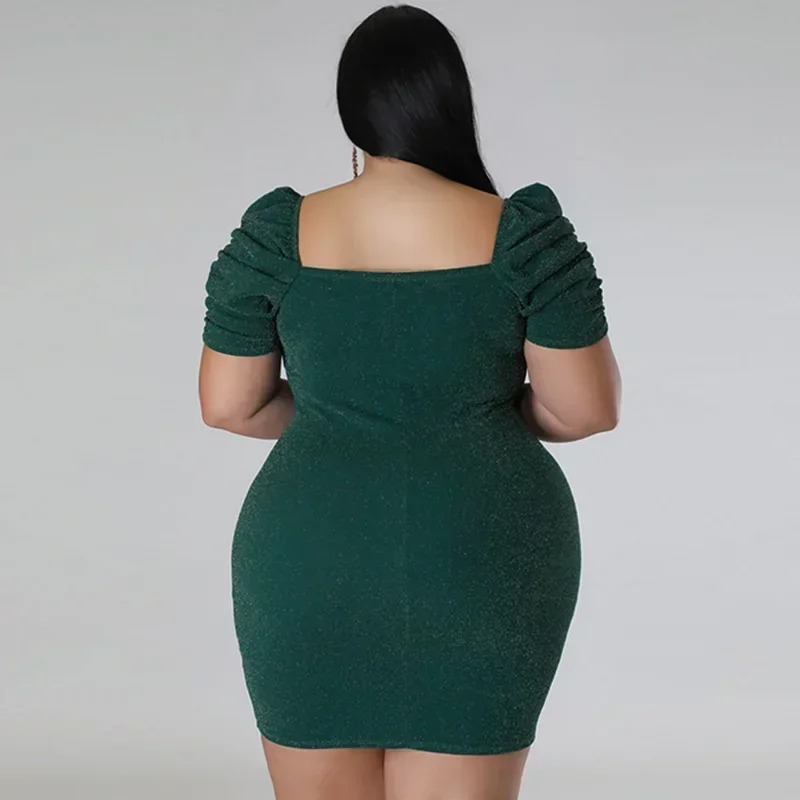 KEXU сексуальные блестящие платья больших размеров с рюшами и коротким рукавом