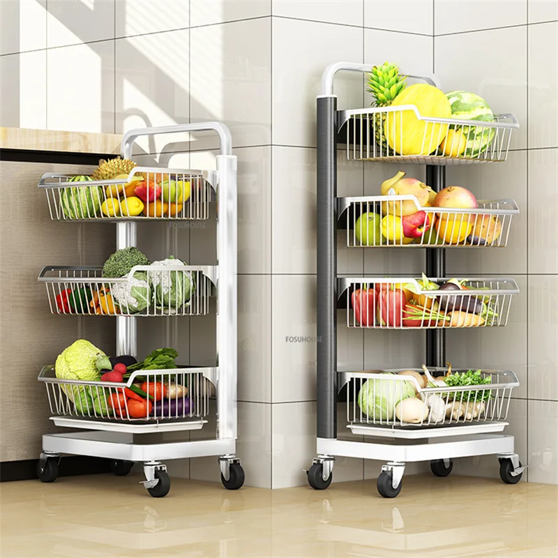 

Multi-layer Stainless Steel Kitchen Island Trolley Floor Vegetable Fruit Storage Basket Trolley Multi-functional Kitchen Cart
