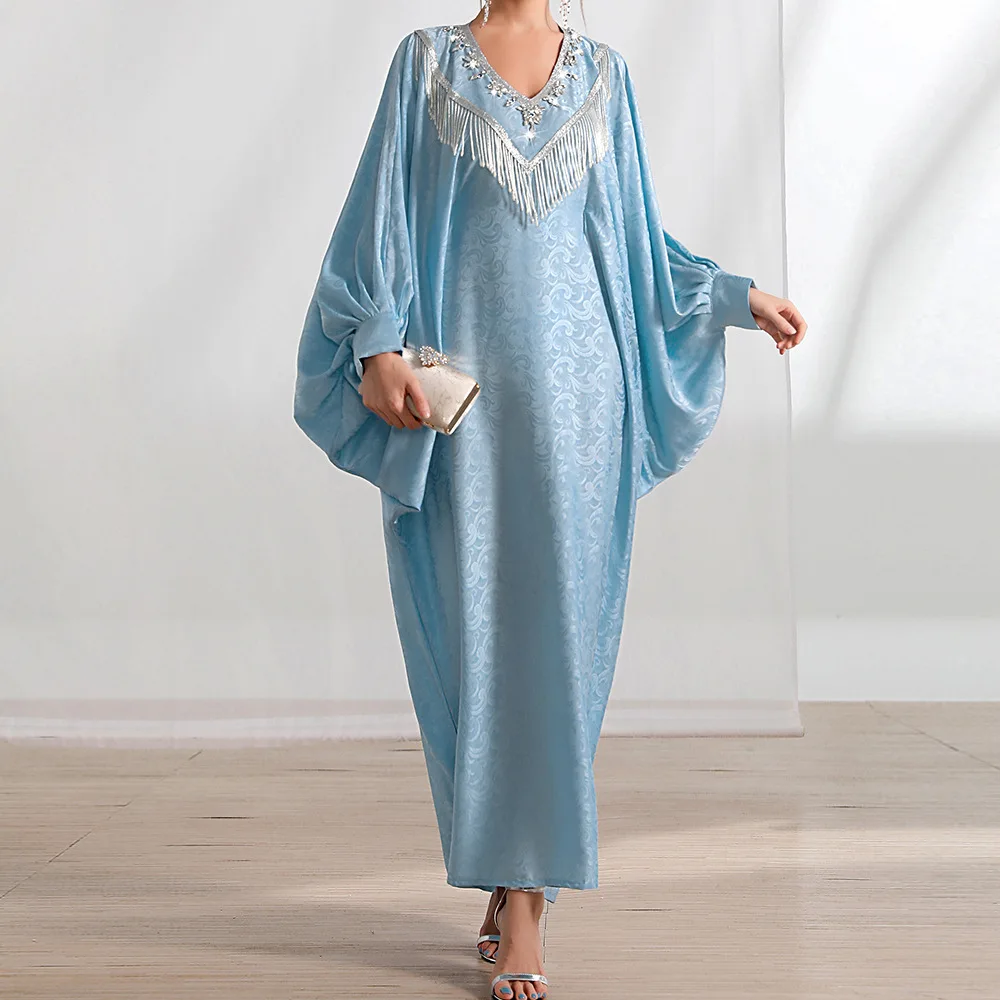 Light Blue Handmade Beaded Tassel Bat Shirt Robe Middle East One Sleeve Dress Southeast Asia Women's Robe T512