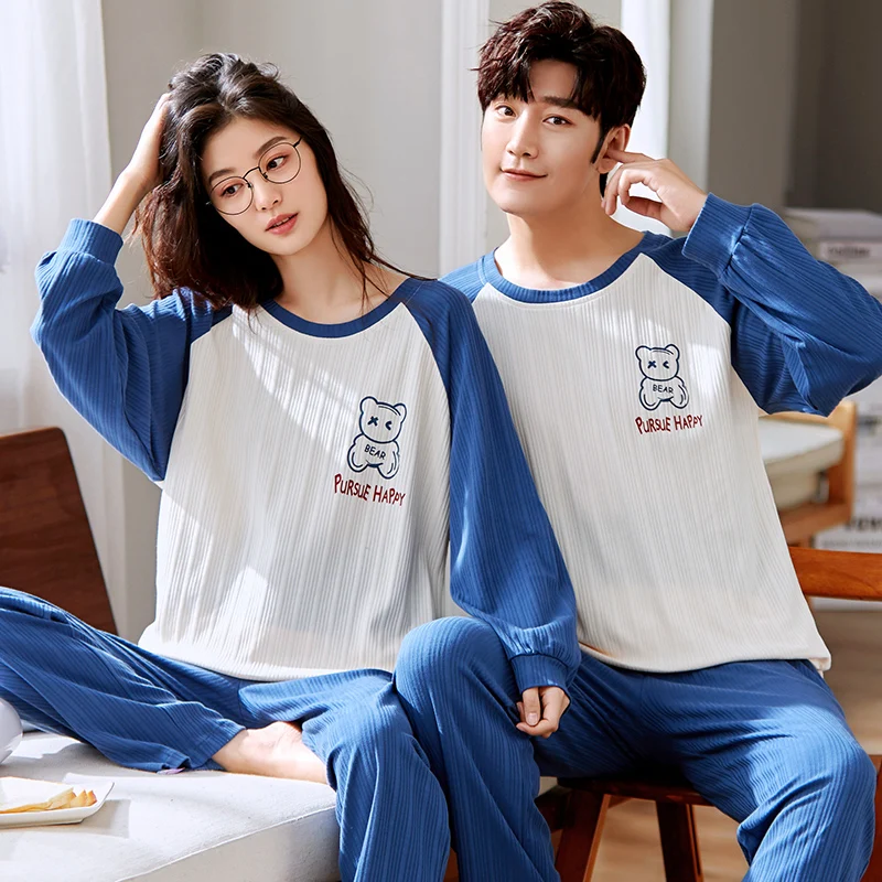 

Plus Size M-3XL Cotton Couple Nightwear Suit Autumn Spring Sweet Cute Long Sleeve Pajamas Cartoon Homewear Men Pijamas Women