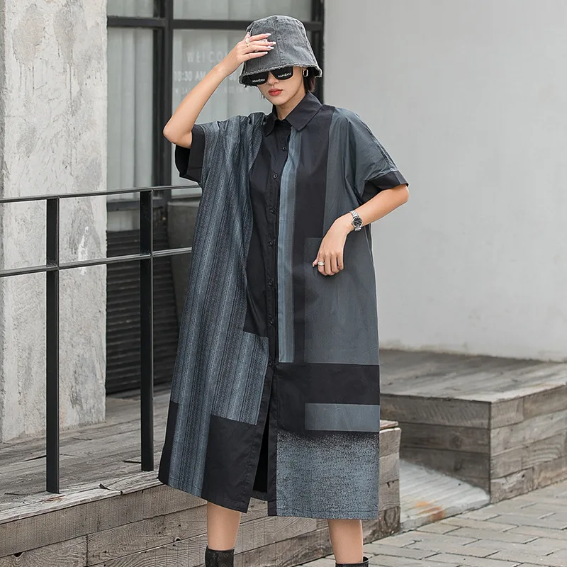 

SuperAen Loose Printing Turn Down Collar Shirt Women's 2022 Summer New Long Single-breasted Dresses
