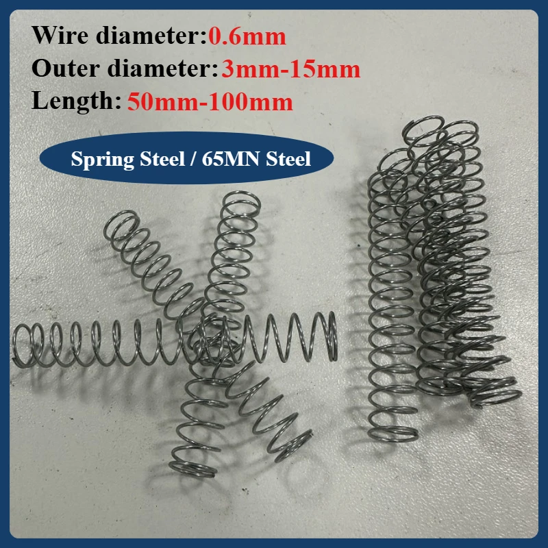 10 шт./лот, диаметр проволоки 0,6 мм, пружинная пружина сжатия, сталь, наружный диаметр 3–15 мм, длина 50/60/70/80/90/100 мм, маленькие пружины давления
