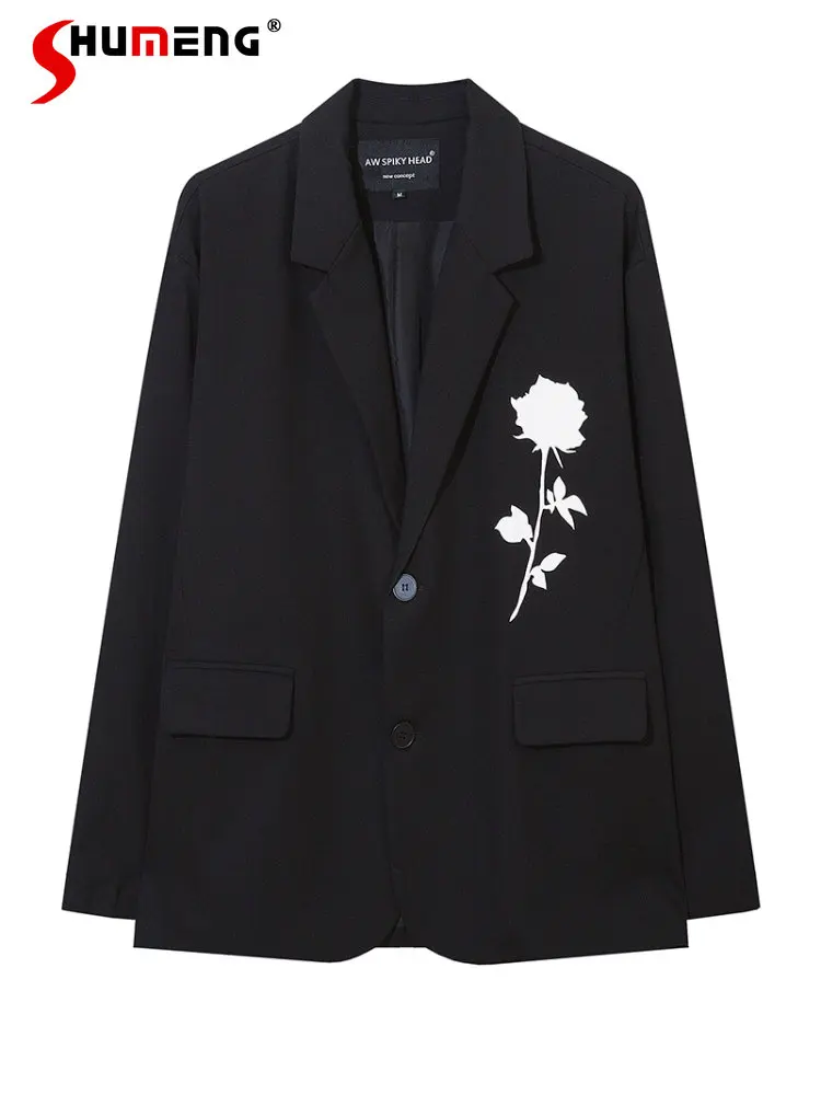 Vintage Rose Flowers Suit Collar Suit Jacket Female American 2022 Fall Men and Women Leisure Loose Long Sleeve Blazer Femenino