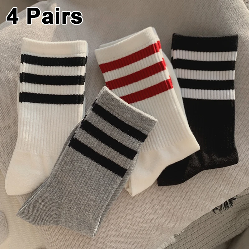 

4Pairs Solid Stripe Socks For Women Sports Sneaker Skateboard Socks Striped Crew Socks Cotton Mid Tube Sock Casual Winter Sox