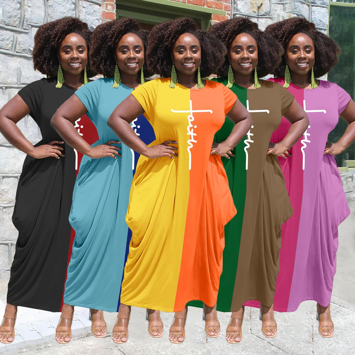 

2022 New Faith Letter Print Dress Women's Summer Short Sleeve Loose Long Skirt Round Neck Pocket Casual Dress