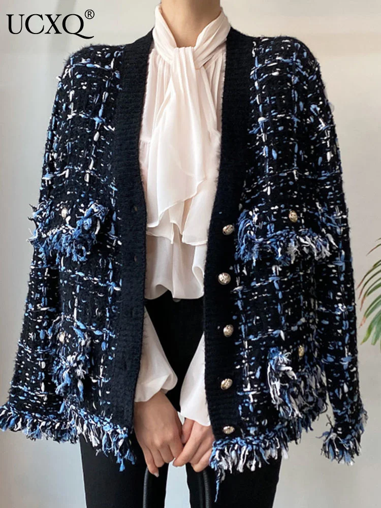 UCXQ модная уличная куртка винтажный кардиган с v-образным вырезом и кисточками