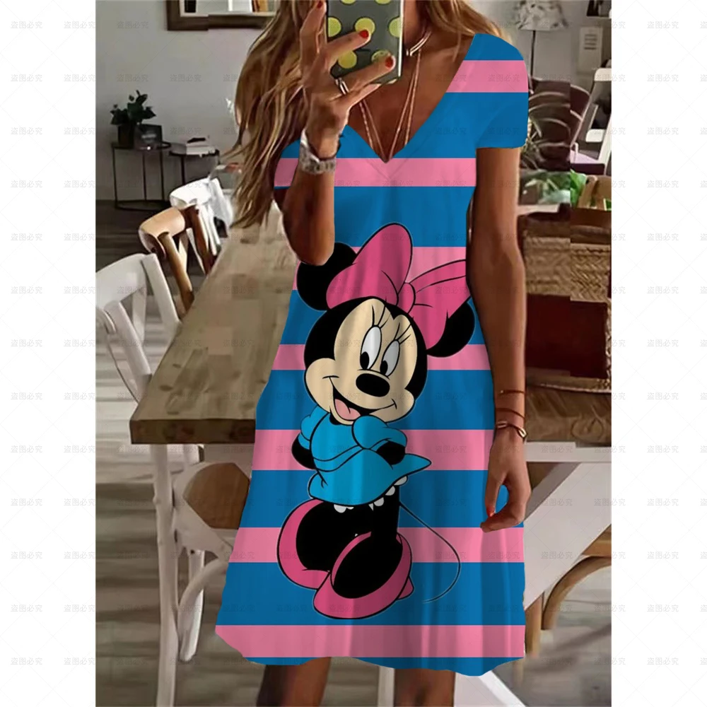 

Disney Minnie Mickey Mouse Dress Floral Print Cute Sundress 2000s Aesthetic Kawaii V Neck Dresses Summer A-line Dress
