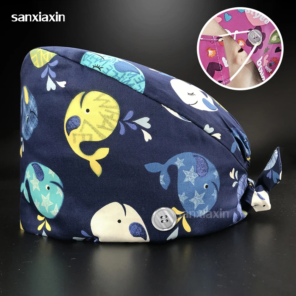 

surgical pharmacist hat lab Beautician hat cotton cartoon printing medical cap nurse dentist work cap with button Dentist hat