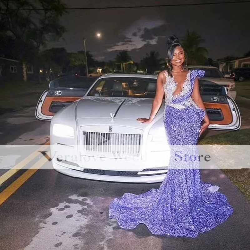 

Glitter Lilac Prom Dress Mermaid 2023 African vestidos de gala Party Gowns African Evening Night Wear Custom Size