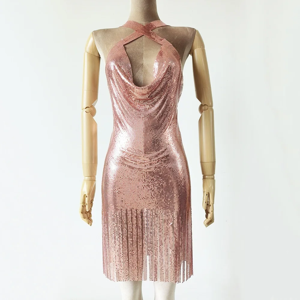 Женское длинное платье с блестками из металлической алюминиевой сетки