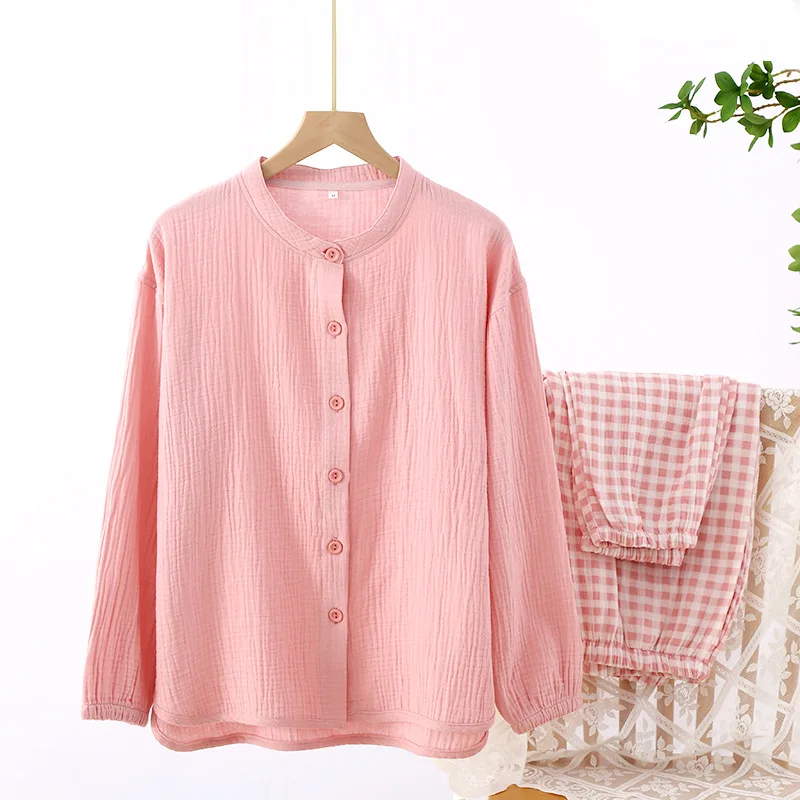 Pajamas Woman Spring and Autumn Pure Cotton Japanese Plaid Ladies Home Suit Round Neck Long-sleeved Fresh and Simple Sleepwear