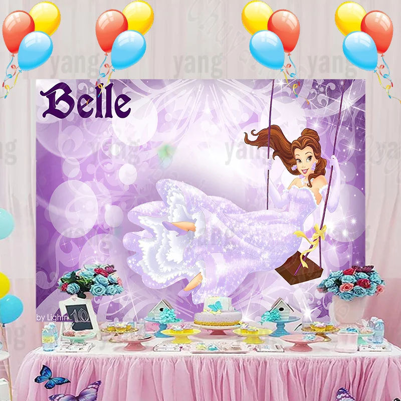 Lovely Disney Princess Beauty and the Beast Belle Photo Backdrop Romantic Birthday Party Purple Flowers Backgrounds Decoration enlarge