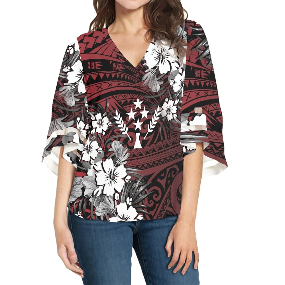 

Fashionable Blouse Polynesian Tribal Kosrae Islands Floral Printed Lady Blouse Half Sleeve Plus Size Chiffon V-neck Loose Blouse