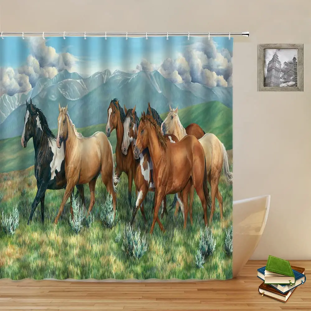 

Horse Shower Curtain Western Masculine Horses Run In Farm Field Animal Farmhouse Bath Curtain Waterproof Polyester Fabric Decor