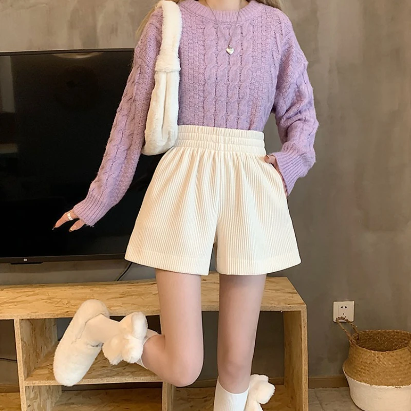 Corduroy Shorts for Women Summer Korean Fashion Casual Loose Wide Leg Elastic Waist Shorts All-match Ladies Streetwear Bottoms