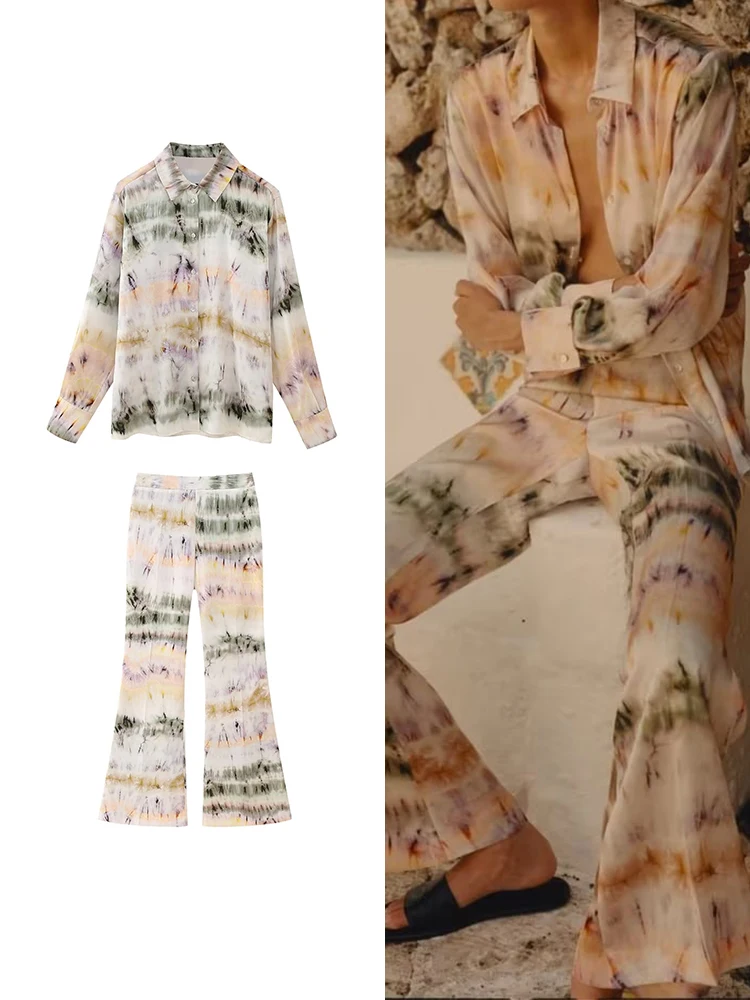 

TRAF 2023 New Women Printed Tie Dyed Blouse Pants Sets Summer Fashion Lapel Long Sleeve Thin Tops+Casual Full-Length Flare Pants
