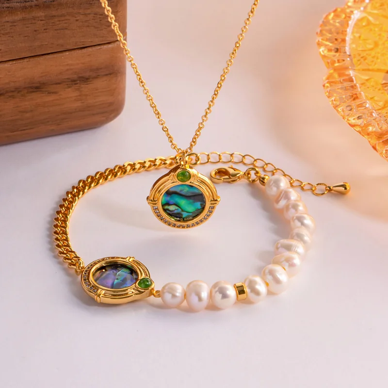 

Minar Chic Natural Pearl Pendant Necklaces for Women 18K Gold Stainless Steel Abalone Shell Agate CZ Zircon Coin Choker Necklace