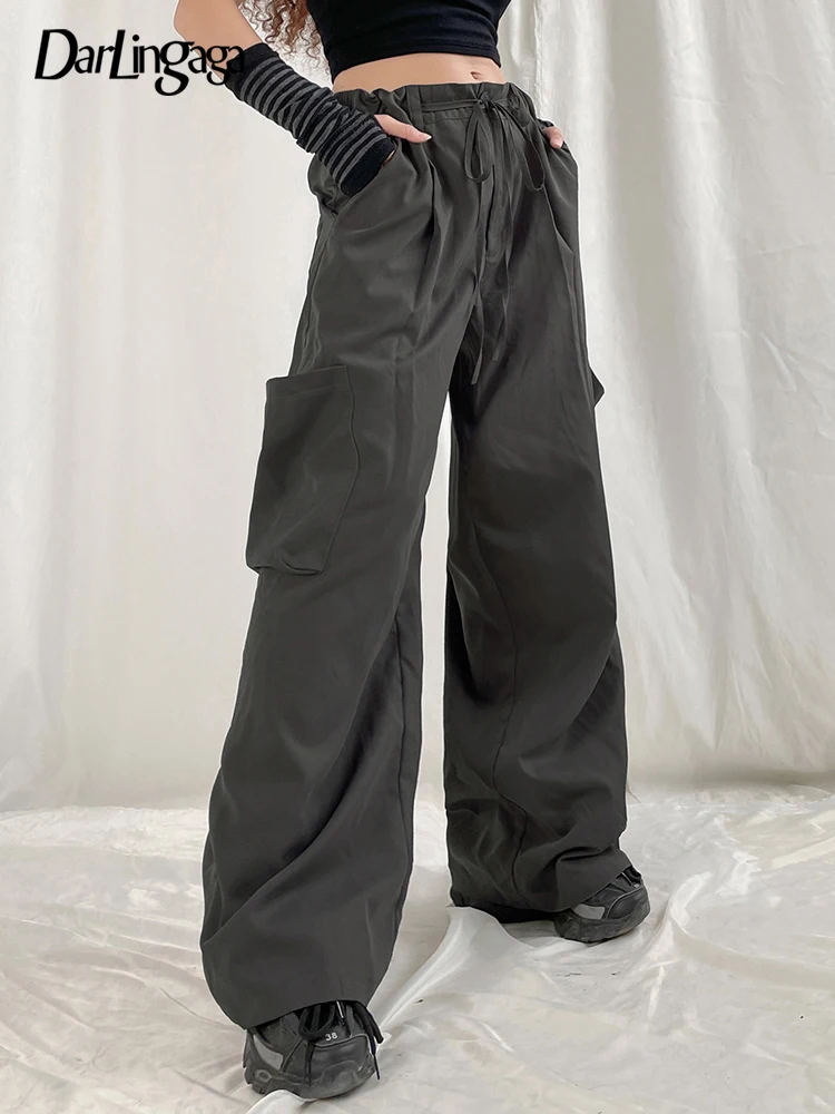

Darlingaga Casual Loose Lace Up Grey Cargo Pants Low Waist Harajuku Solid Pockets Baggy Trousers Women Techwear Sporty Joggers
