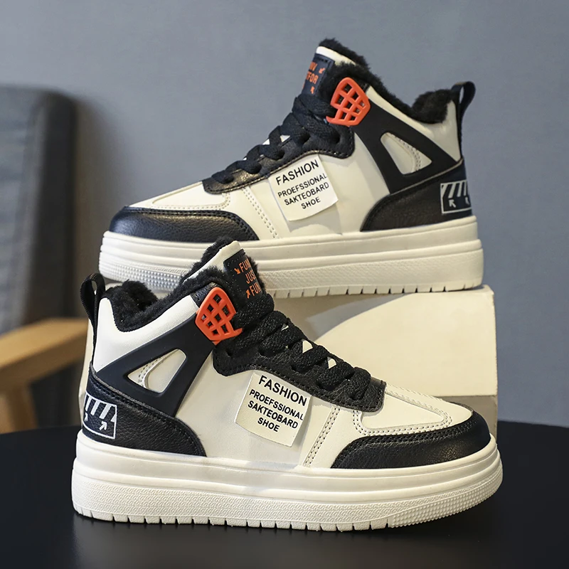 

2023 Winter Children's Casual Shoes Unisex Fashion Children's Padded Flat Shoes High Top Leather Shoes Boys School Teenagers