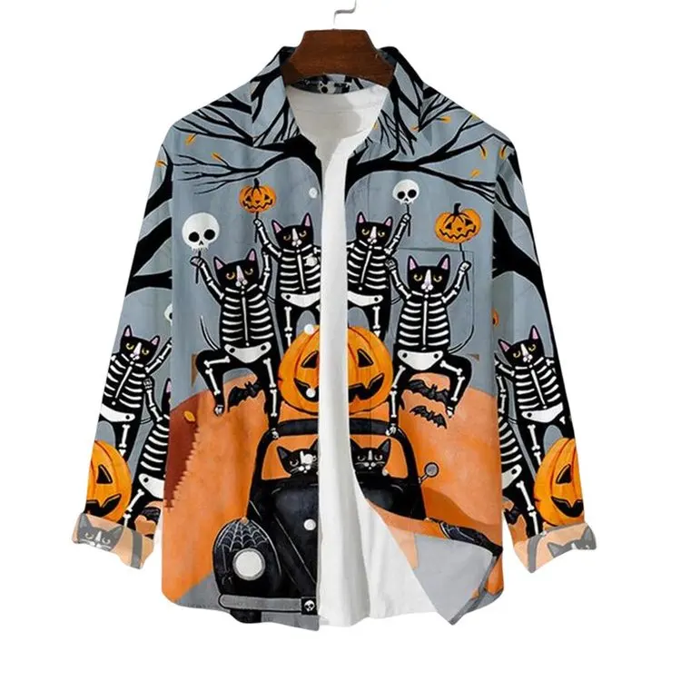 

Рубашка с длинным рукавом, Повседневная Свободная футболка с принтом черепа, тыквы, призрака, мультяшного рисунка, на пуговицах, мягкий дышащий Топ для мужчин, на Хэллоуин