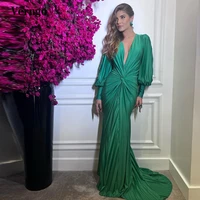 verngo mermaid bright green silk satin evening dresses v neck draped long sleeves women 2022 party dress chic vestidos de noche