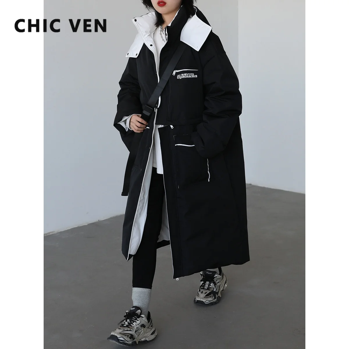 CHIC VEN Women's Down Coat Contrast Color Splicing Design Stand Collar Hooded Down Jacket Winter Thick Warm Lady Overcoat Tops