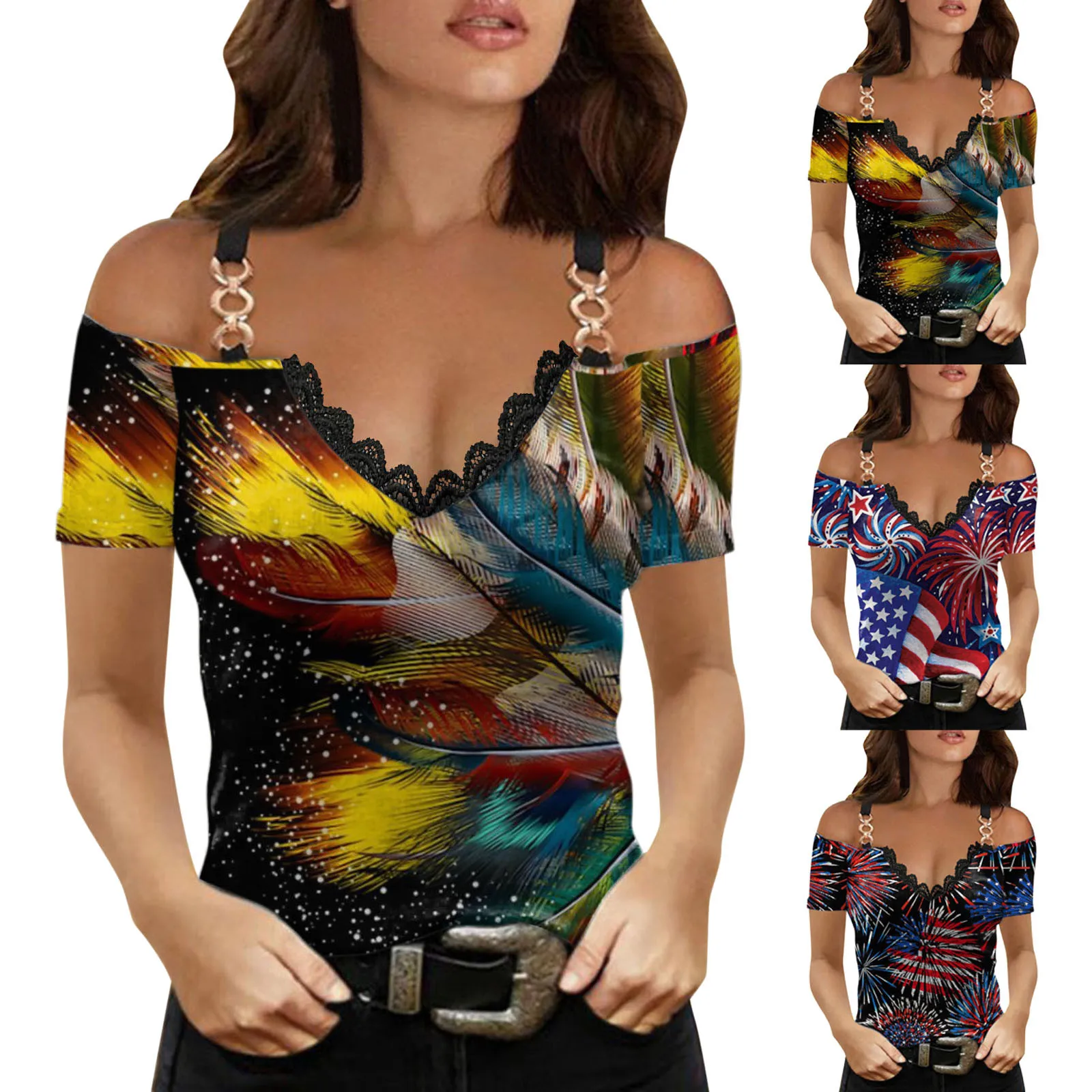 

Женская футболка с открытыми плечами, V-образным вырезом и коротким рукавом