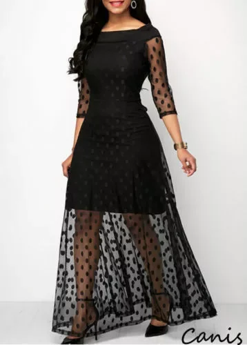

Newest Dot Mesh Bohemia Dress Women's Party Long Sleeve Bodycon Dot Slash Neck Black Lace Long Mesh Short Dress Plus Size
