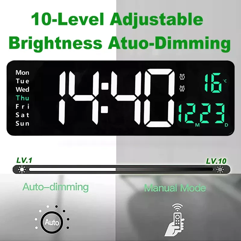 

Large Digital Wall Clock Remote Control Temp Date Week Display Power Off Memory Table Clock Wall-mounted Dual Alarms LED Clocks