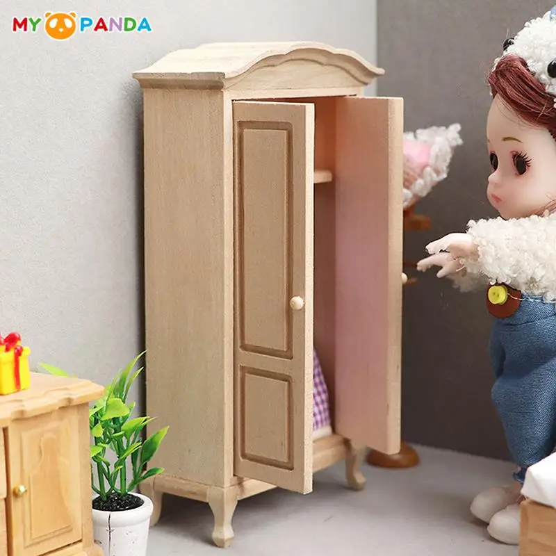 

1:12 Dollhouse Miniature Wooden Classical Double Doors Wardrobe Model Storage Box Cabinet Furniture For Dolls House Decor Toy