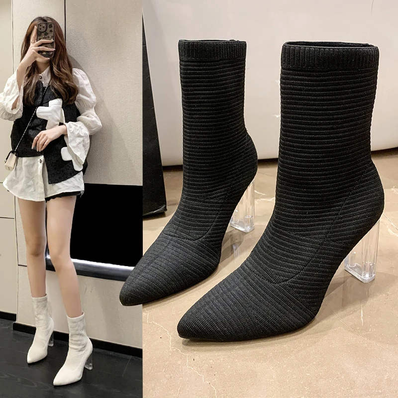 

New Women's Autumn Winter Pointed Toe Thick with Middle Tube Pointed Toe Thin Boots High-heeled Ankle Boots Stretch knit Boots