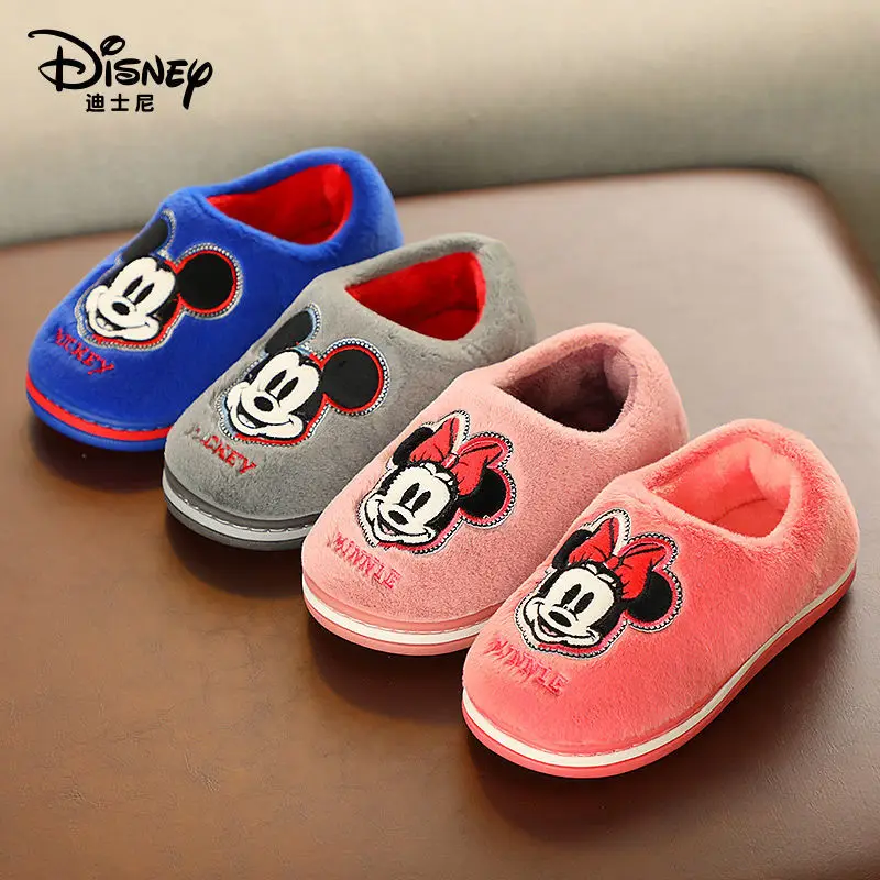 Disney Children's Cotton Slippers Cartoon Mickey Minnie Boy Cotton Home Shoes Non-slip Soft Sole Warm Pink Blue Shoes Size 16-21