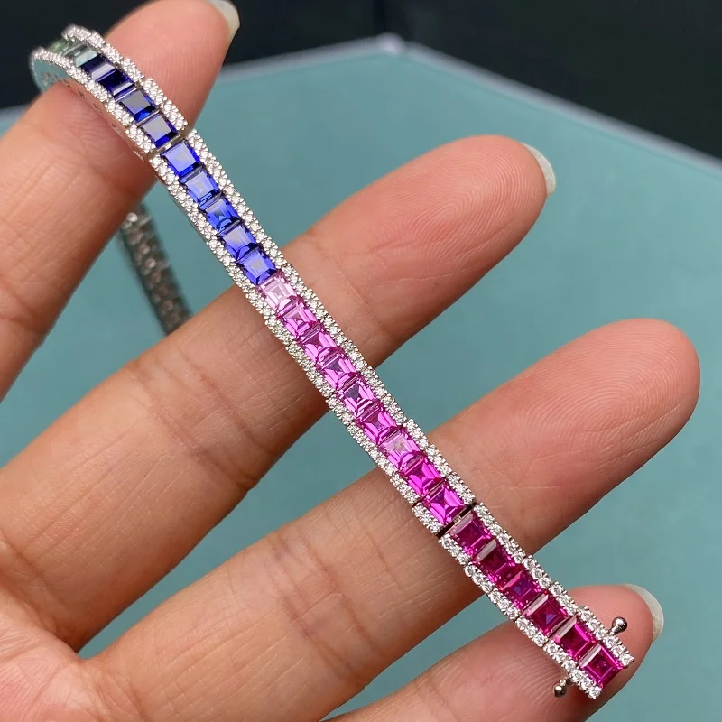 Pirmiana Customized S925 Silver Rainbow Bracele Trapezoid Shape Lab Created Gradient  Sapphire Gemstone Jewelry Christmas Gifts