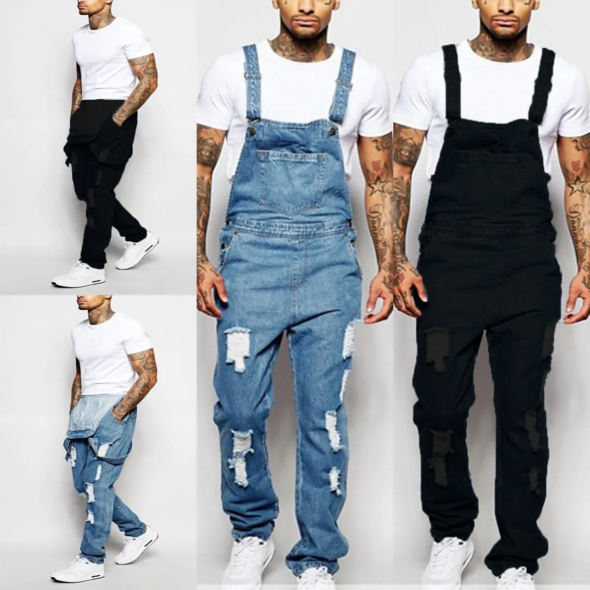 Men's Ripped Denim Overalls Fashion Full Length Suspender Pants Homme Jeans High Street Jumpsuit Distressed Casual Trousers