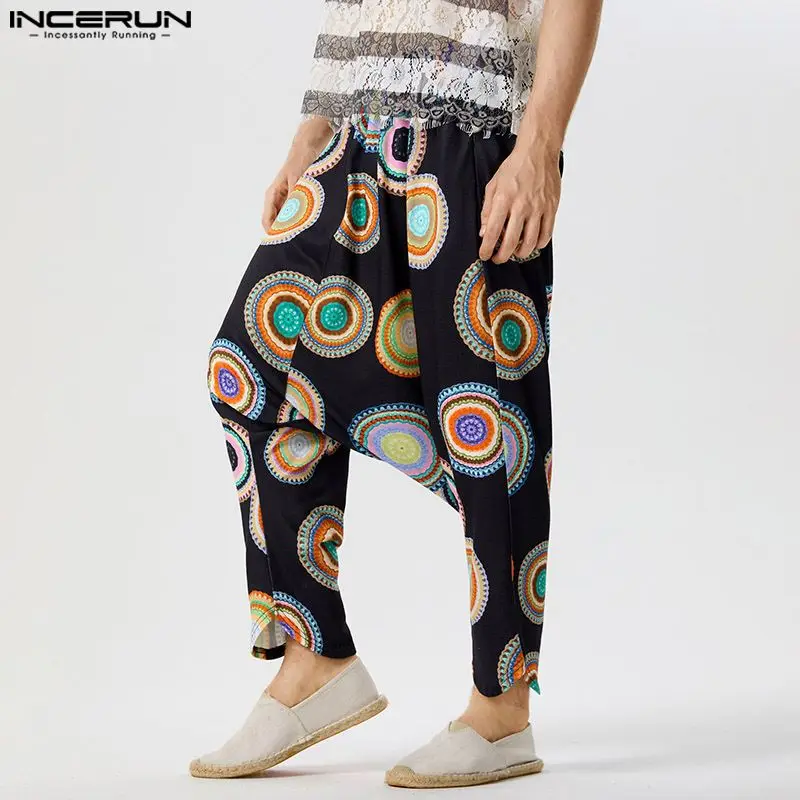 

2023 Men Pants Printing Elastic Waist Loose Drop-crotch Trousers Men Streetwear Joggers Vintage Casual Harem Pants INCERUN S-5XL