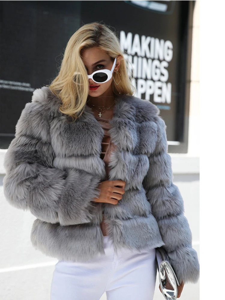Fashion Faux Fox Fur Ladies Coat Women 2022 Winter Warm Slim Gray Fur Coat Imitation Fur Jackets Casual High Street Warm Outwear