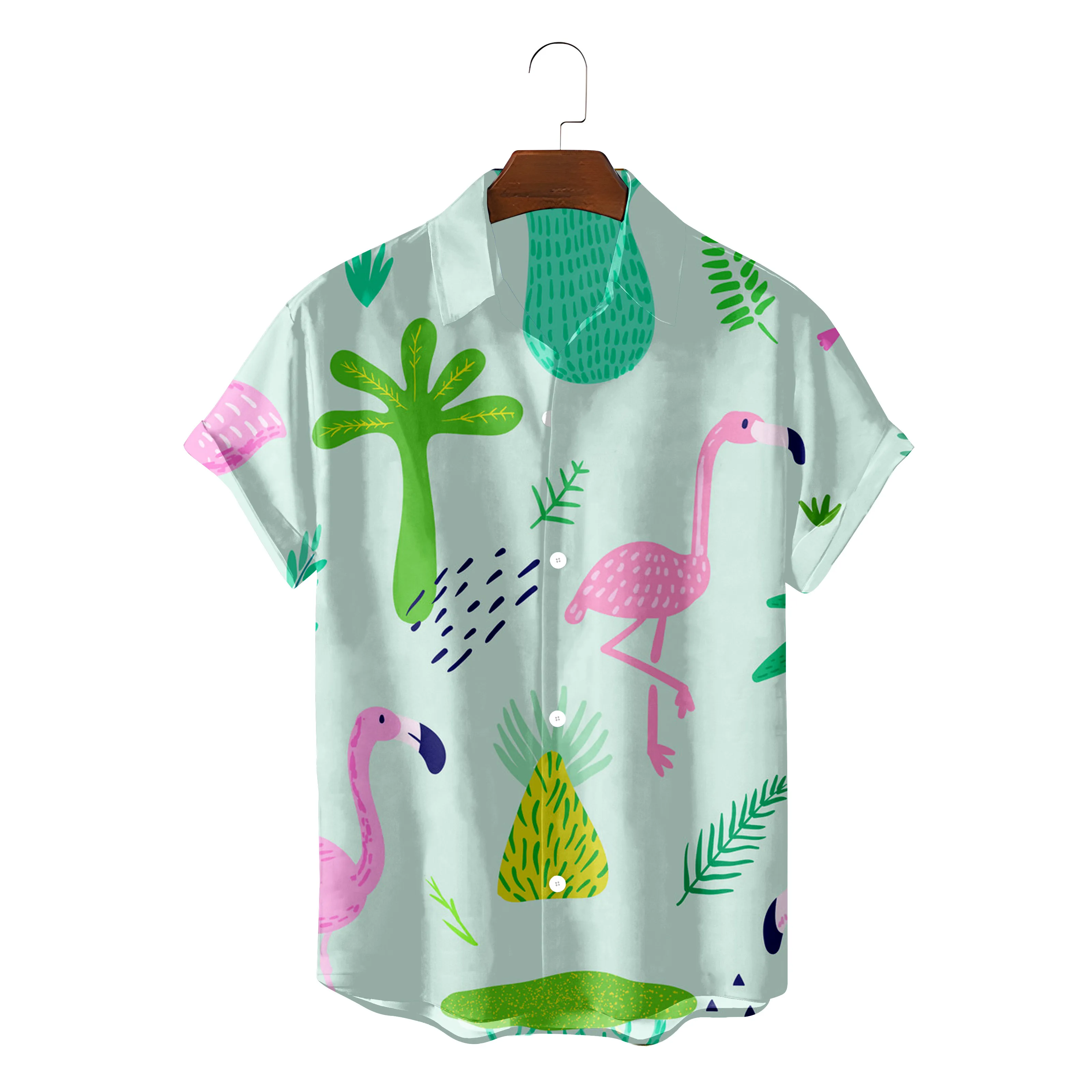 

Fashion Hawaiian Shirt For Men Summer Beach Clothes Flamingo Drawing Camisa Blusas Blouses Button Up Streetwear Chemise