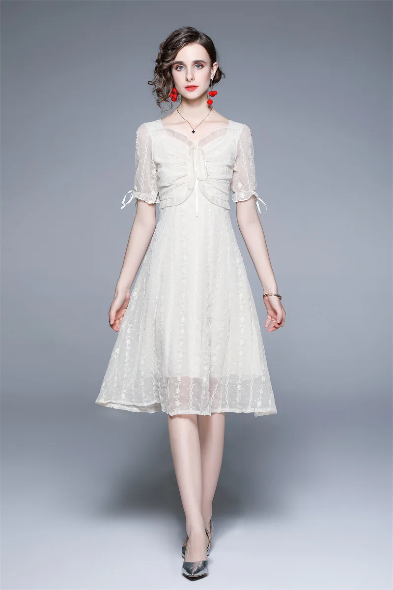 

High Quality Women Summer Elegant Embroidery Dress V Neck Ruched Cocktail Party Robe Female Vintage A-Line Dresses Vestidos