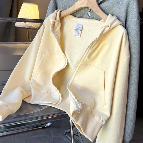 Women Spring Autumn Solid Drawstring Cardigans Short Zipper Hooded Hoodies Korean Style Casual Thin Zip-up All-Matched Tops