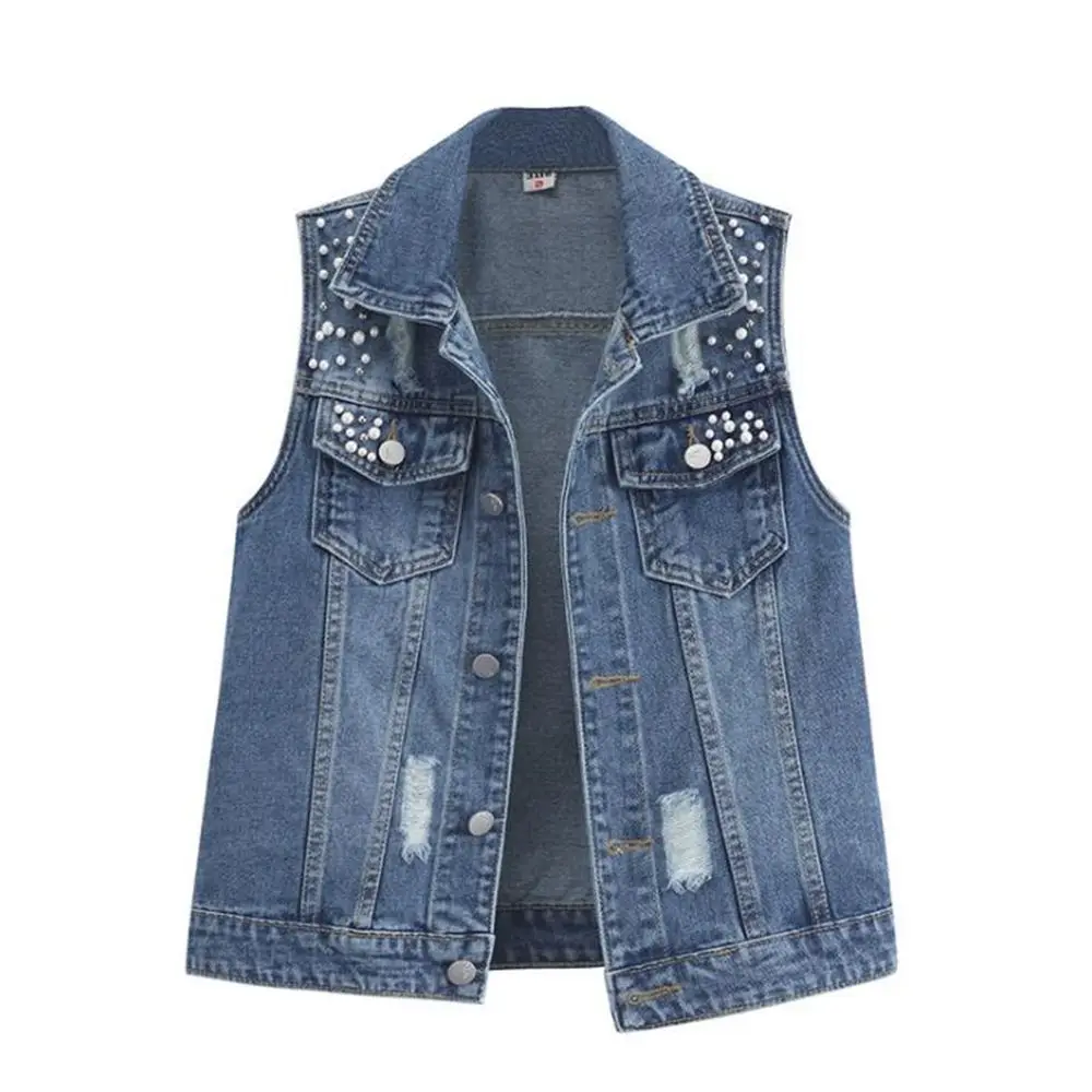 

Vests Women Jeans Sleeveless Jackets Denim Jeans Waistcoat Sprnig Cowboy Denim Coats Outerwear Beaded Overcoat Gilet