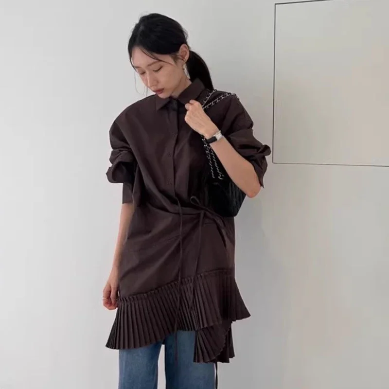 Корейские шикарные плиссированные платья Vestidos Mujer нерегулярные на шнуровке