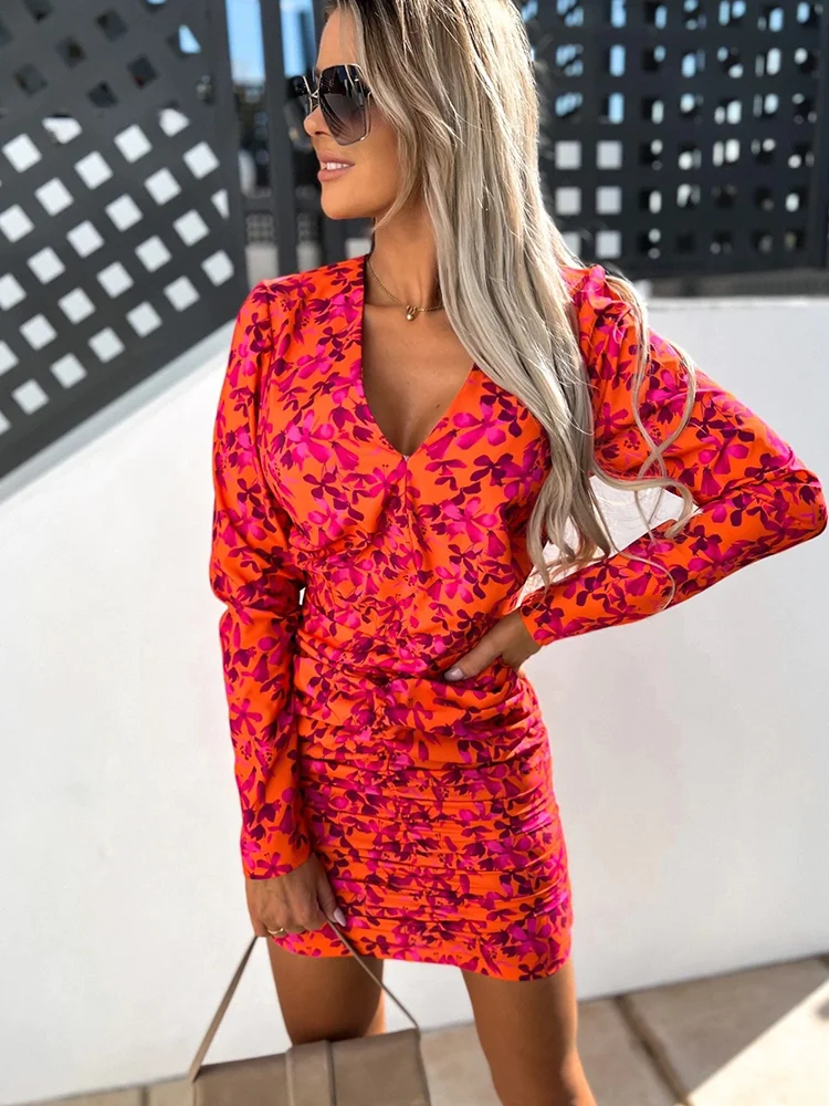 

Fall Ladies Dress Floral Print Hip Pleated Tight Women Red Short Tight Office Sheath Dress Long Lantern Sleeves Square Neck