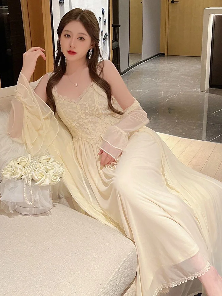 Nightdress Women Lace Strap Palace Style Sexy Nightgowns Pajamas Summer Retro Elegant Sleepshirt Home Dressing Gown Pajama Dress