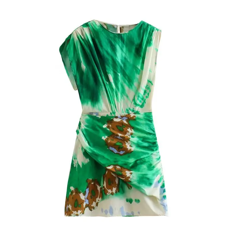 

Tie-Dye Dress Summer Women's 2023 New Fashion Slim O-neck Ruched Holiday Street Dress Women's Casual Elegant Youth Clothing