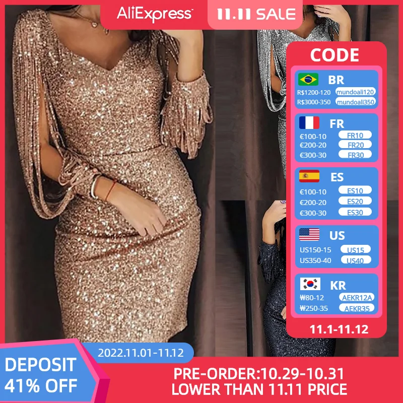 

Women Sexy Solid Sequined Stitching Shining Club Sheath Three Quarter Sleeve Mini Dress Hip Wrapping Sexy V-Neck Party Wear