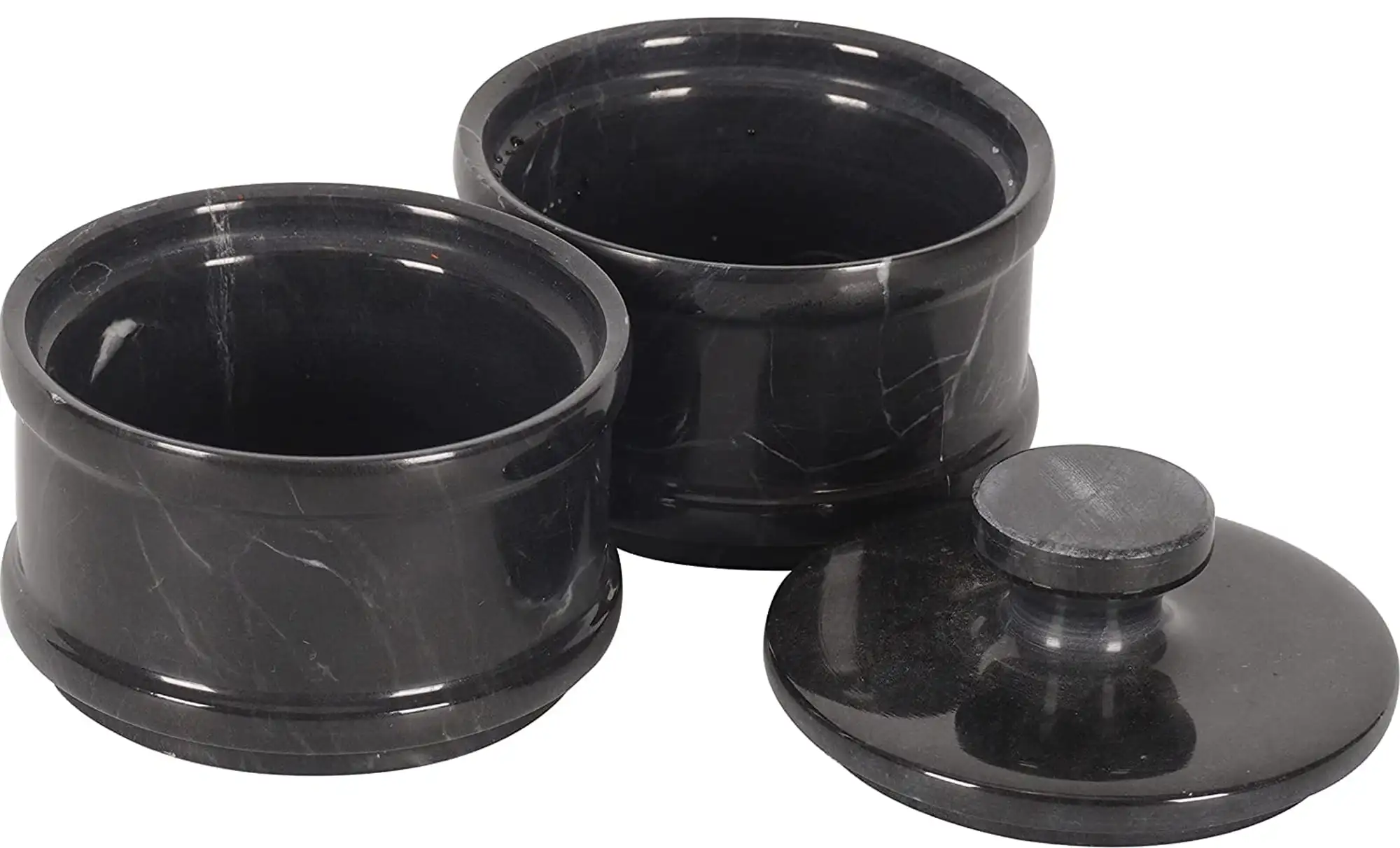 

Handmade Marble Black 5” Dual Salt Cellar With Lid – 2” Each Salt and Pepper Bowls Kitchen Container Storage Set – Ideal