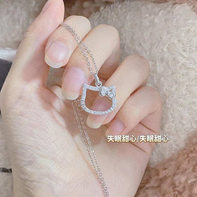 

HELLO Kitty Sanrio Necklace Silver Clavicle Chain Single Tier Pendant Jewelry Shiny Couple Women Elegant Charm Wedding Gift
